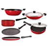Premium Nonstick Tawa Set dosa / Roti 28.5 Cm , Concave / Chapati ,Paratha Tawa 28.5 Cm , Fry Pan With Stainless Steel Lid 2 Liter , Deep Kadai Without Lid 1.5 Liter , Sauce Pan Big 1.8 Liter , Appa Chatti With Stainless Steel Lid 22 Cm , Red & Black , Aluminium , Export Quality , Best For Gift