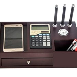 Woodhouse All in One Multi Storage Wooden Desk Organizer for Office Table, Wooden Pen Stand for Office Table with Clock, Calculator, Mobile Holder for Office Table & Student Study Table, Office Stand