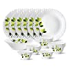 Larah by Borosil Green Leaves Silk Series Opalware 19 Pieces Dinner Set, Opal Glass Dinner Plates & Bowls, Crockery Set For Dining