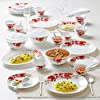Larah by BOROSIL Rose Red 47 Pcs Opalware Dinner Set, White