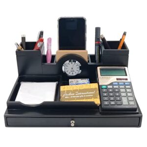 Woodhouse Wooden Desk Organizer for Office Table, Pencil/Pen Stand with Clock, Calculator, Drawer, Notepad, Coaster Plates, Mobile Holder for Office Table, Pen Stand for Office Table & Students Desk