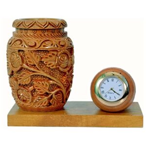 Pen Stand for Study Table - Handcarved Wooden Floral Vase Design with Analog Table Clock Pencil Holder Office Desk Decor - Natural