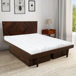 Square Diamond King Size Bed With Drawer Storage In Walnut Finish